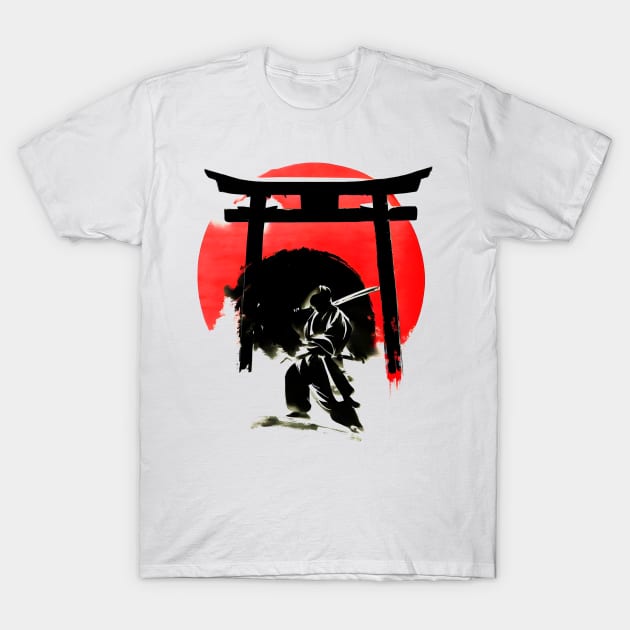 Japanese torrii shinto gate with ninja sumi e painting T-Shirt by Ravenglow